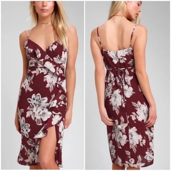 Lulus 100% Silk Burgundy Floral Midi Dress Cross Cascading Ruffle Straps Size L - Picture 1 of 16
